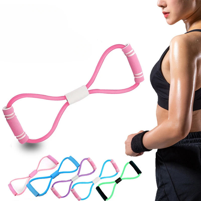 "8-shaped resistance band for muscle relaxation and strength training, perfect for chest, arms, and back exercises at home or in the gym.